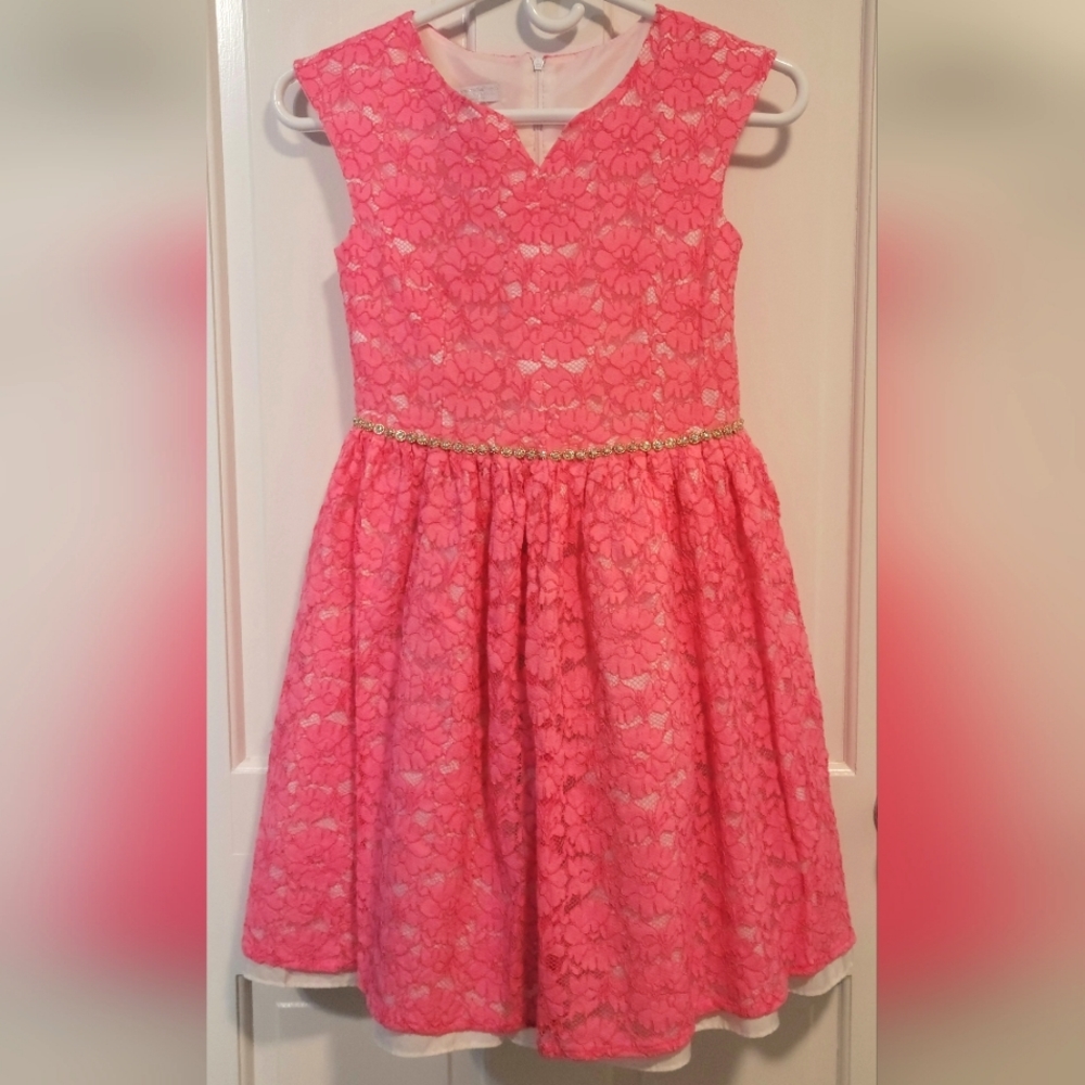 Gently Used-Girl's Special Occasion Dress-Size 12-Coral  Color with Gold Accent